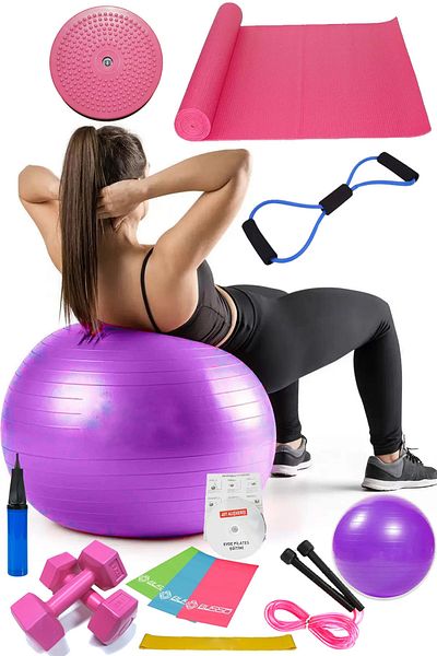 Jet 14-Piece Pilates Set Ball, 3-Piece Pilates Band Dumbbell Mat Jump Rope Twister Resistance Band Purple