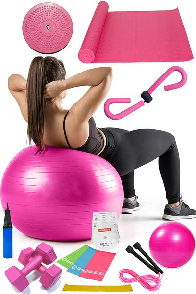 Jet 14-Piece Pilates Set Ball, 3-Piece Pilates Band Dumbbell Mat Jump Rope Twister Aerobic Butterfly Pink