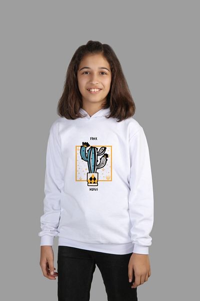 Raf Coll Hanorac alb cu glugă pentru copii, cactus, imprimat digital, cu două fire în interior