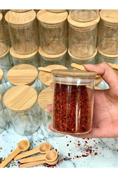 morponi طقم وعاء توابل وملاعق زجاجي بغطاء من الخيزران مع 6 ملاعق خشبية