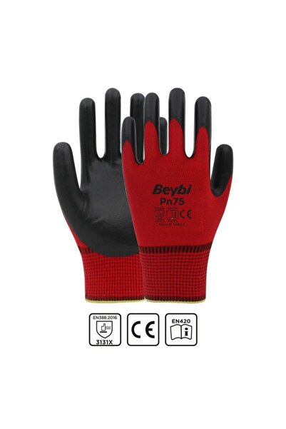 Beybi Pn75 Polyester Örme Nitril Eldiven No:10 - Kırmızı