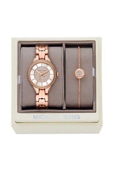 Michael Kors Michael Kors Allie Three-Hand Stainless Steel Watch with Glitz Topring, Rose Gold, Quartz Watch
