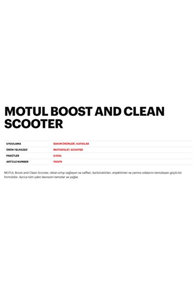 Motul Scooter Boost And Clean Benzin Oktan Arttırıcı Ve Yakıt Sistem Temizleyici