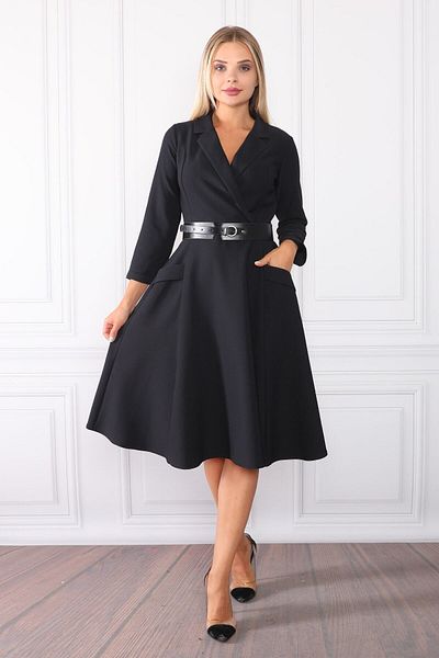 Element's Women's Black Double-breasted Collar Pocket and Collar Detailed Dress