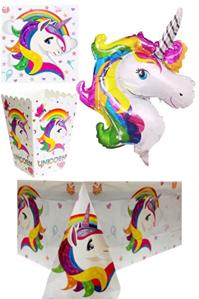 ELGALA Unicorn 4'lü Set Folyo Balon Masa Örtüsü Peçete Mısır Cips Kutusu