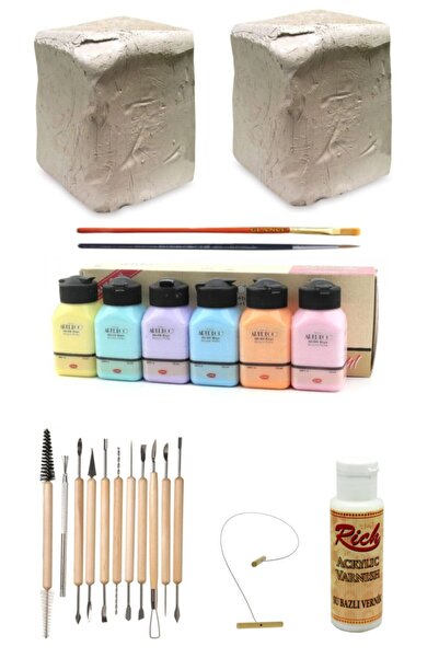 GLANCE Beyaz Seramik Hamuru 6x2 kg Kil Şekillendirme Set 11'li Artdeco Akrilik Boya 6x75 ml Pastel Renkler