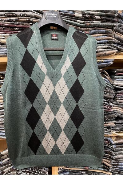 nacar çarşı Men's Khaki Green Checkered Patterned V-Neck Fine Knitwear Sweater