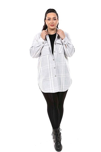 DISENTIS MODEST Plus Size - Plaid Gray Jacket Shirt with Pockets and Slits