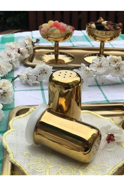 LOVYCO Shiny Gold Color Salt Shaker 2-Piece Caution Base Is Gray Color