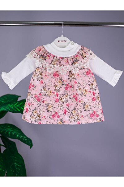 MinikButik Kız Bebek Pembe Çiçek Desenli Ikili Elbise