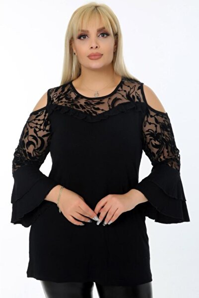 Kheos Flounced Sleeve Comfortable Flowy Style Blouse with Lace Detail on the Chest and Sleeves