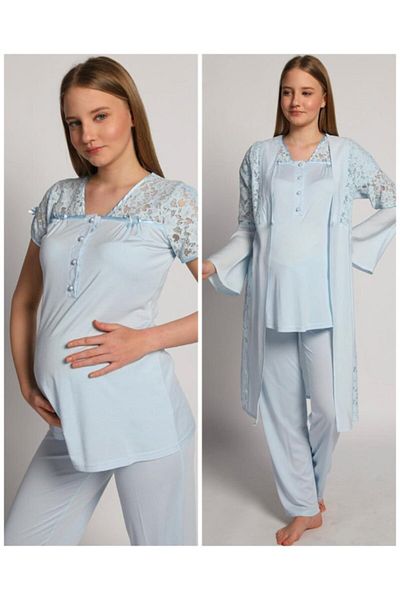 Bone Club 4905 Blue Krinkel Maternity 3-Piece Pajamas Dressing Gown