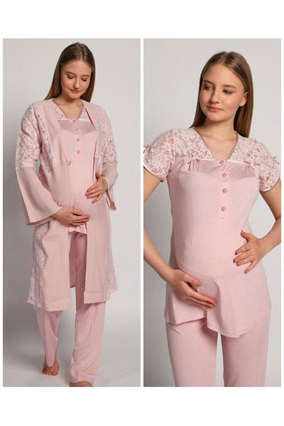 Bone Club 4905 Pink Krinkel Maternity 3-Piece Sleepwear Dressing Gown