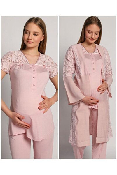 Bone Club 4905 Pembe Krinkel Sabahlıklı Lohusa 3 Lü Pijama Sabahlık