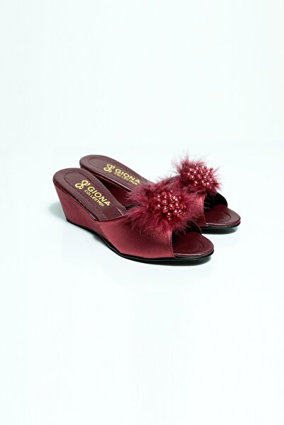 GIONA Burgundy Bridal Dowry Slippers with Wedge Heels