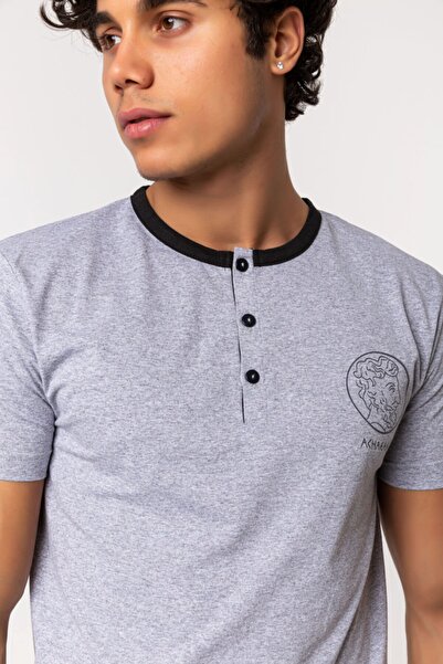 Nur Aka by Nurteks Medallion Printed Collar Buttoned Gray Black Plus Size Cotton Pajama Set