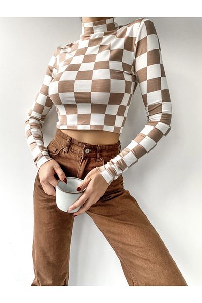 ladyzey Women's Checkerboard Pattern Turtleneck Crop Body
