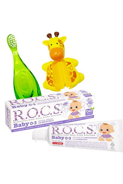 R.O.C.S. معجون أسنان للأطفال من عمر 0 إلى 3 سنوات بخلاصة الزيزفون 35 مل + فرشاة أسنان للأطفال من عمر 0 إلى 3 سنوات + حاوية تخزين للفرشاة