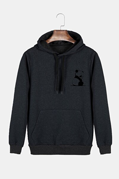 VEAVEN Unisex Antrasit Kapüşonlu Panda Baskılı Slim Fit Kanguru Cepli Sweatshirt