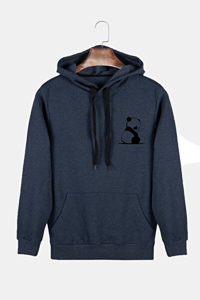 COLLIE Hanorac unisex indigo cu glugă, imprimat panda, slim fit, buzunar cangur