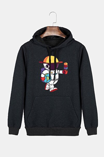 COLLIE Hanorac unisex, antracit, cu glugă, cu imprimeu de astronaut, slim fit...