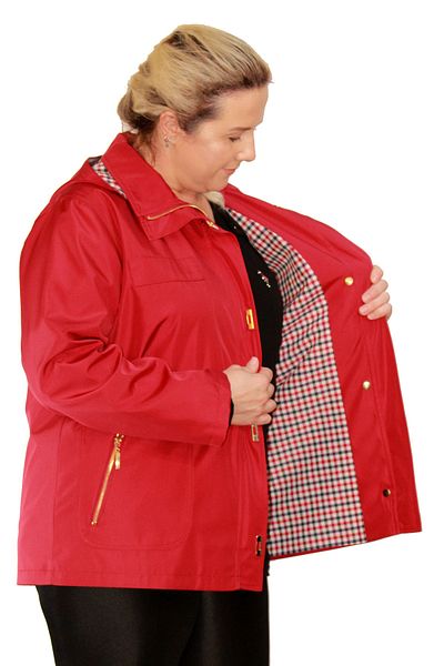 Fagi Women's Plus Size Lined, Hooded Red Bondit Seasonal Raincoat Coat