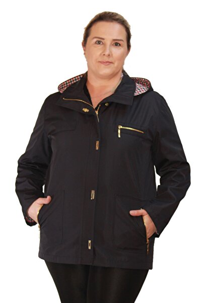 Fagi معطف واق من المطر نسائي مقاس كبير مبطن بغطاء للرأس باللون الأزرق الداكن