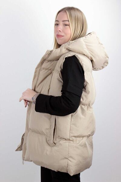 Machetta Beige Sleeveless Hooded Puffer Vest - 3 Pockets