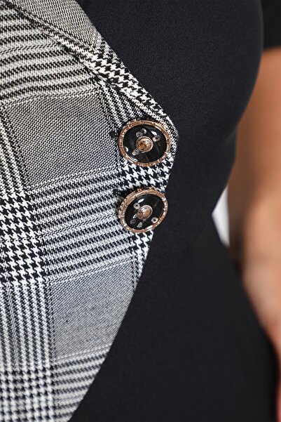 Element's Γυναικείο Μαύρο Λευκό Καρό Διπλό Καρό και Ριγέ Φόρεμα Γραφείου El-4478