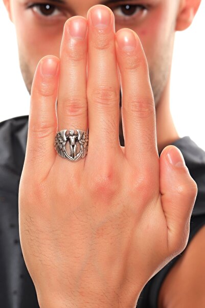 LABALABA ERKEK ANTİK GÜMÜŞ KAPLAMA GOTİK KANATLI MELEK YÜZÜK