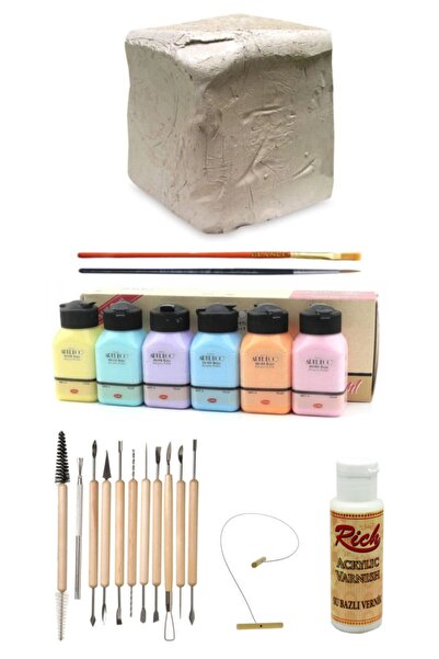 GLANCE Beyaz Seramik Hamuru 6 Kg Kil Şekillendirme Set 11'li Artdeco Akrilik Boya 6x75 Ml Pastel Renkler