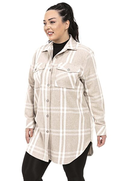 DISENTIS MODEST Cămașă jachetă în carouri bej cu buzunare de mărime Plus