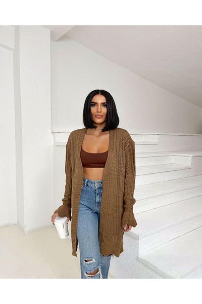 1Moda1Tarz Γυναικεία πλεκτή ζακέτα με μοτίβο γιακά σε καφέ σάλι
