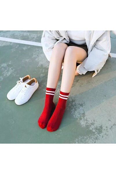 çorapkolik Унисекс червени и бели раирани памучни колежански тенис чорапи - к...