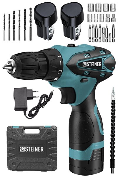 STEİNER Germany Technology 32 V Darbesiz Metal Şanzıman Çift Akülü Şarjlı Vidalama Matkap Mavi + Set