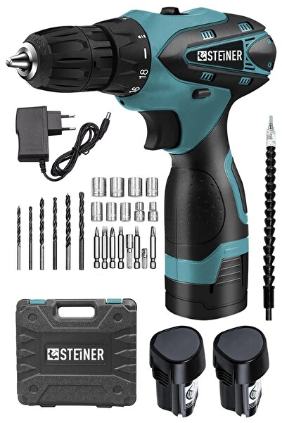 STEİNER Germany Technology 36 V Metal Şanzıman Çift Akülü Şarjlı Vidalama Matkap + 24 Parça Set Mavi