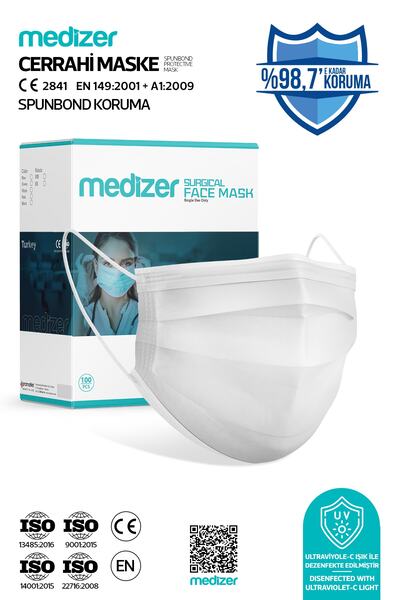 Medizer Spunbond Beyaz Cerrahi Maske 100'lü Tek Kutu