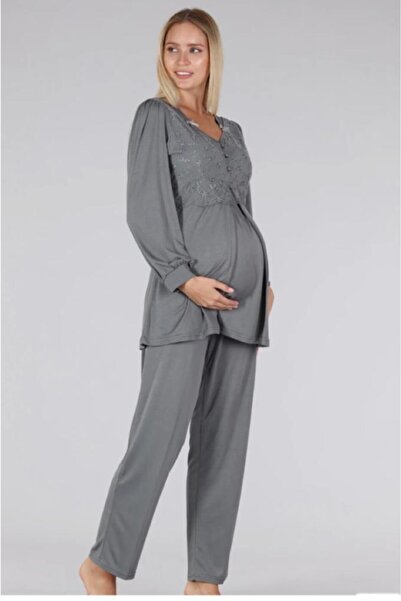 Bone Club 5306 Сірий V Yaka Dantelli Lohusa Піжама Tk