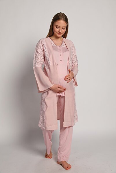 Bone Club 4905 Pembe Krinkel Sabahlıklı Lohusa 3 Lü Pijama Sabahlık