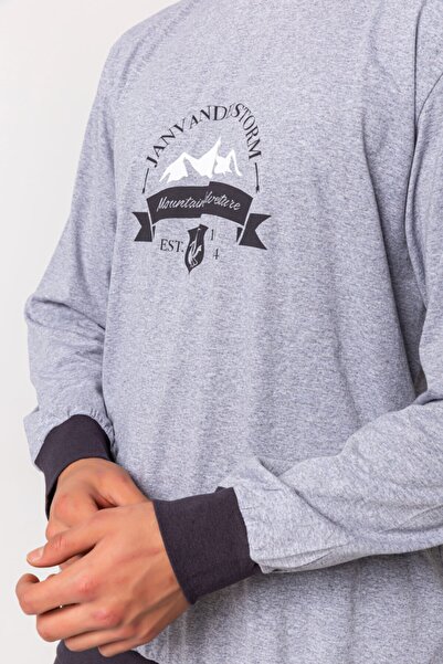 Nur Aka by Nurteks Front Printed Gray Long Sleeve Winter Cotton Pajamas Set