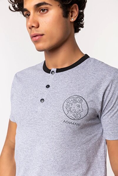 Nur Aka by Nurteks Medallion Printed Collar Buttoned Gray Black Plus Size Cotton Pajama Set