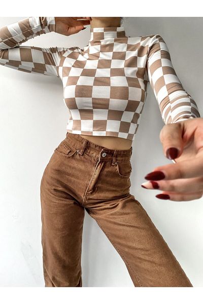ladyzey Women's Checkerboard Pattern Turtleneck Crop Body