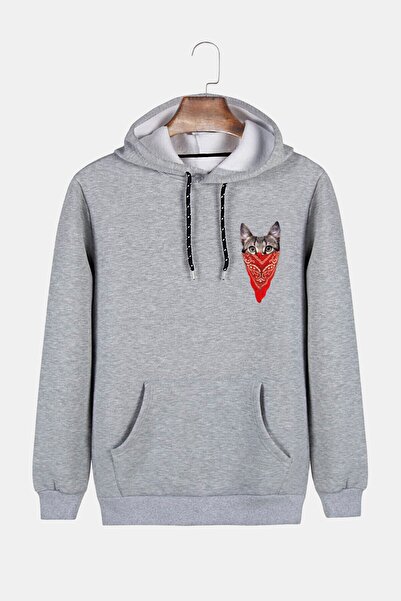 VEAVEN Unisex Gri Kapüşonlu Maskeli Kedi Baskılı Slim Fit Kanguru Cepli Sweat...