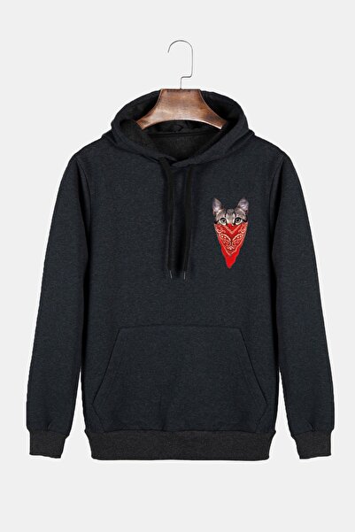 VEAVEN Unisex Antrasit Kapüşonlu Maskeli Kedi Baskılı Slim Fit Kanguru Cepli ...