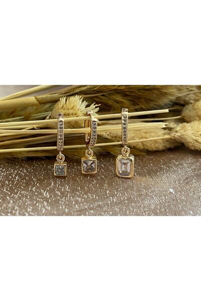 Markiz Takı Stoned Triple Hoop Earrings (ring Inner Diameter 1 Cm)