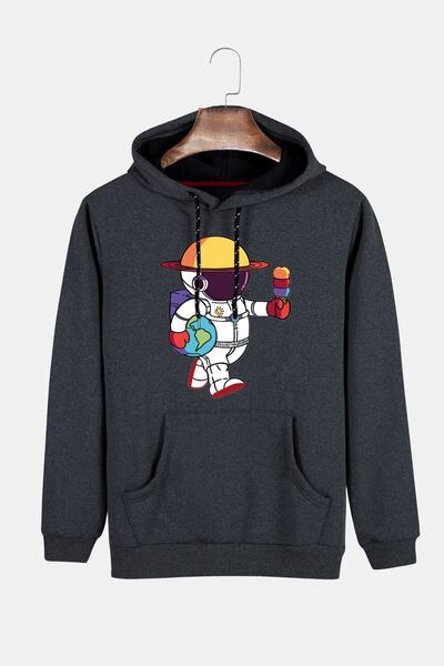 COLLIE Hanorac unisex cu glugă afumată, cu imprimeu astronaut, slim fit, buzu...