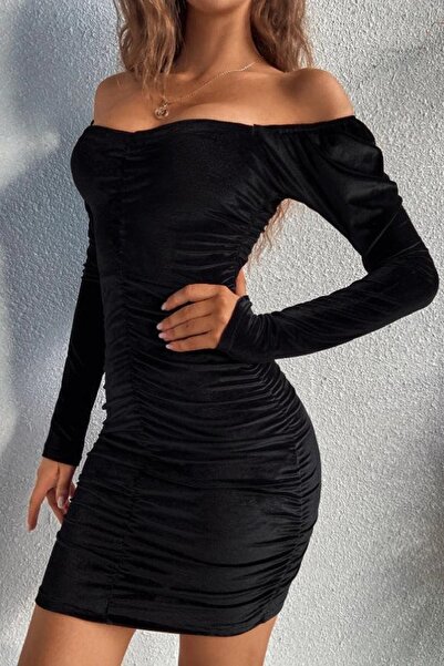 NKTCOLLECTİON Kadın Siyah Büzgüllü Kadife Mini Boy Tasarım Şık Gece Elbisesi,...