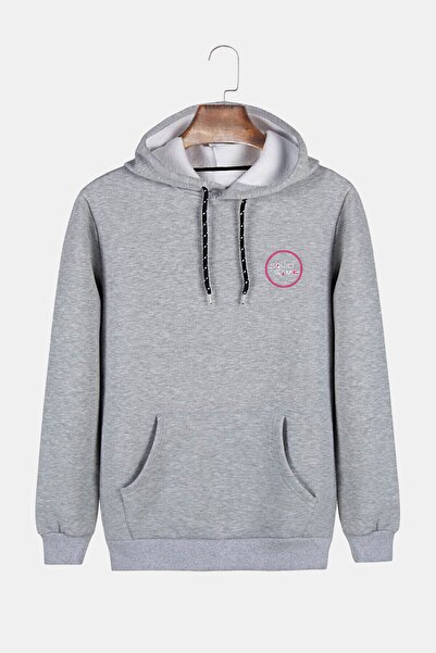 COLLIE Hanorac unisex gri cu glugă cu calamar cu imprimeu Slim Fit, buzunar c...