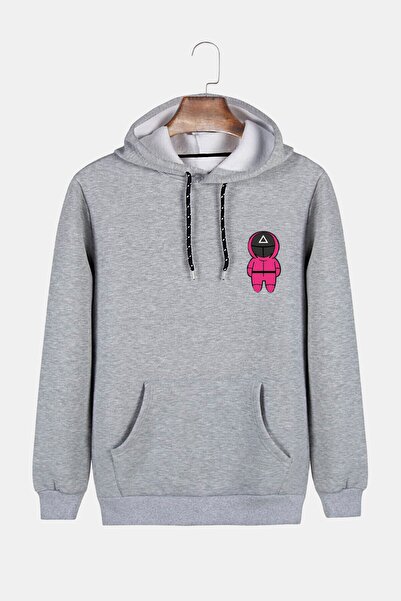 COLLIE Hanorac unisex gri cu glugă cu calamar cu imprimeu Slim Fit, buzunar c...