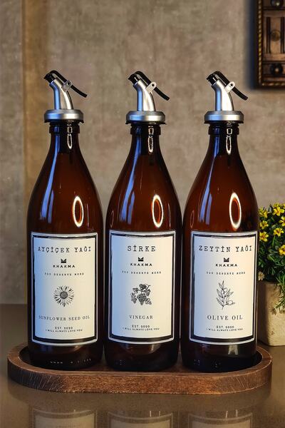 KHAKMA Oval Ahşap Stantlı Amber Zeytinyağı Sıvıyağ Sirke Şişesi Premium Yağdanlık 3lü Set 500u B Premium St